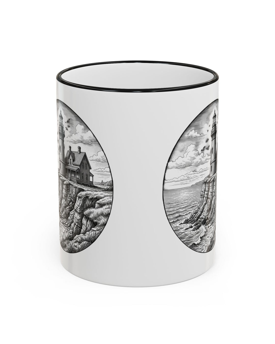 Black-rim nautical coffee mug, back view of the Block Island Southeast Light engraving printed on both sides
