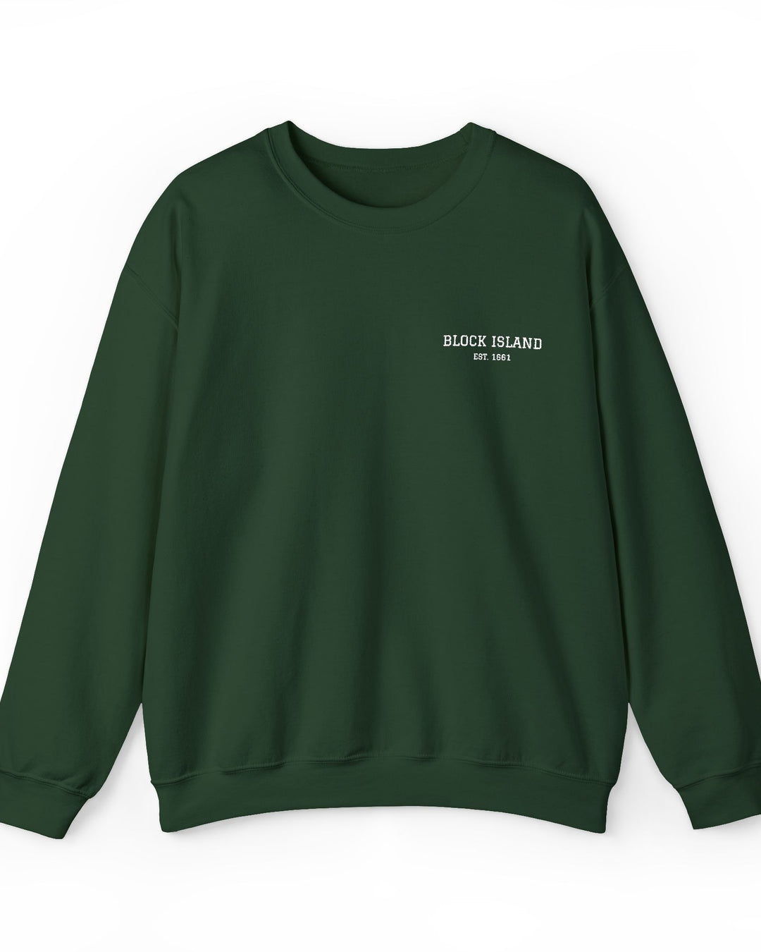 Block Island Est. 1661 Embroidered Crewneck in Forest Green, BlockBoundRI