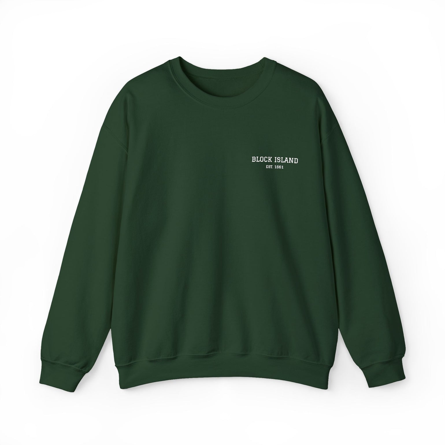 Block Island Est. 1661 Embroidered Crewneck in Forest Green, BlockBoundRI