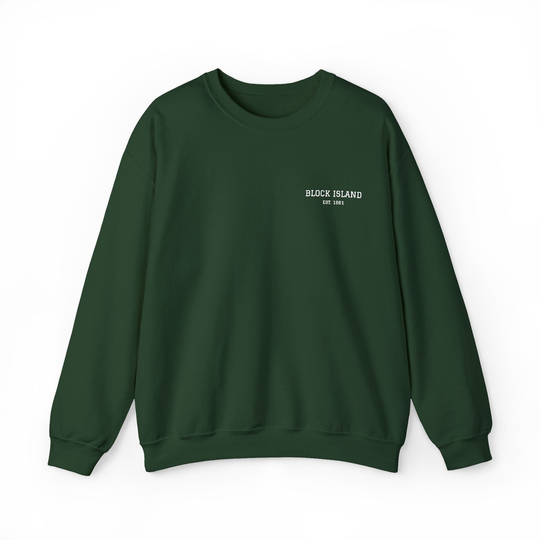 Block Island Est. 1661 Embroidered Crewneck in Forest Green, BlockBoundRI