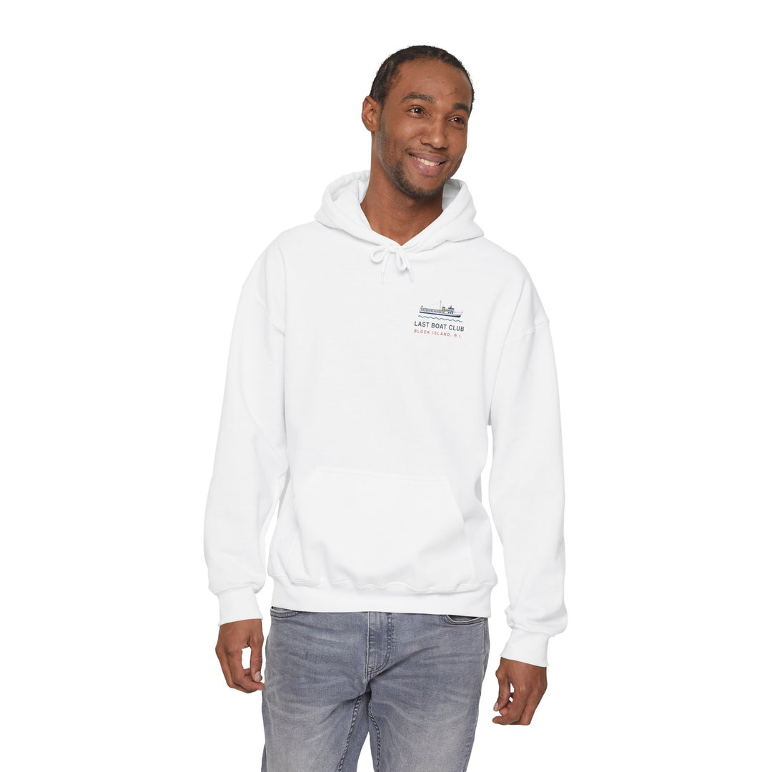 Last Boat Club hoodie: M/V BLOCK ISLAND ferry against a striped sunset, Block Island R.I. — view 16