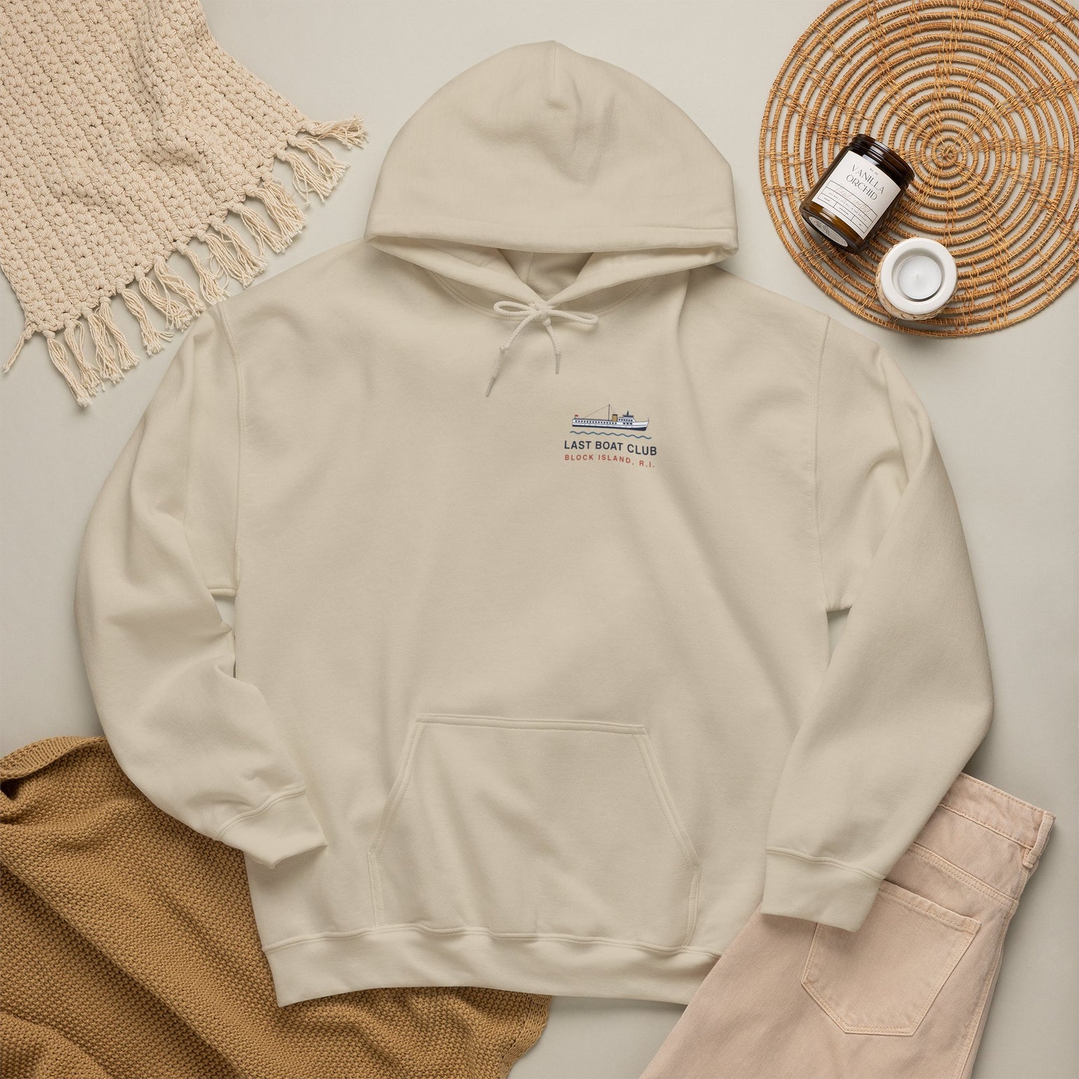 Last Boat Club hoodie: M/V BLOCK ISLAND ferry against a striped sunset, Block Island R.I. — view 21