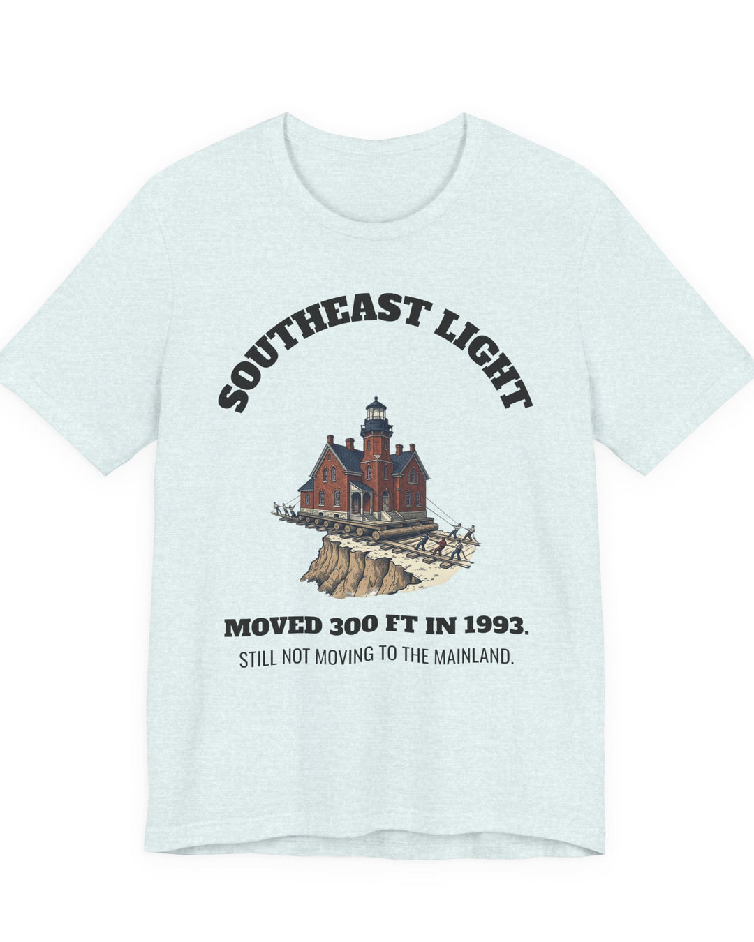 Southeast Light Lighthouse T-Shirt, Block Island in Heather Ice Blue, BlockBoundRI