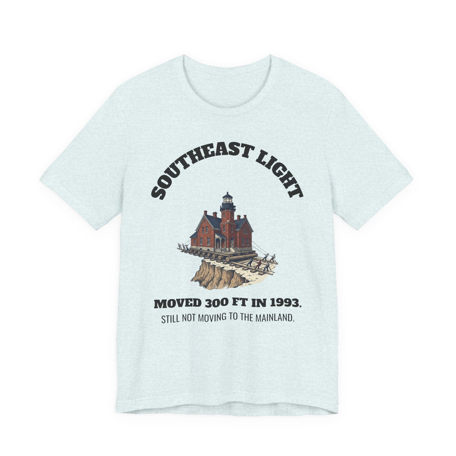 Southeast Light Lighthouse T-Shirt, Block Island in Heather Ice Blue, BlockBoundRI