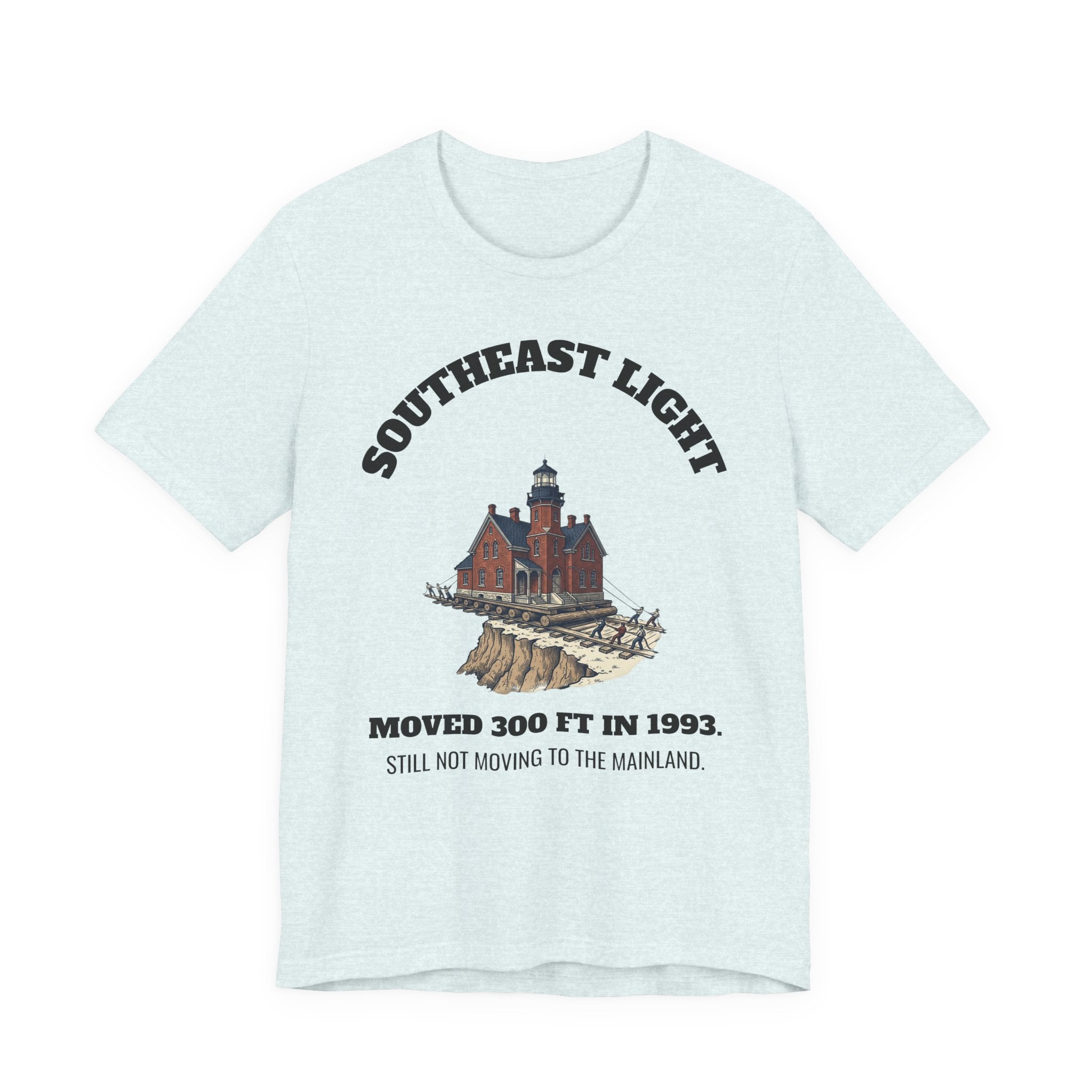 Southeast Light Lighthouse T-Shirt, Block Island in Heather Ice Blue, BlockBoundRI