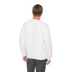 Back view of a man in the plain white One More Crossing crewneck, Block Island sweatshirt