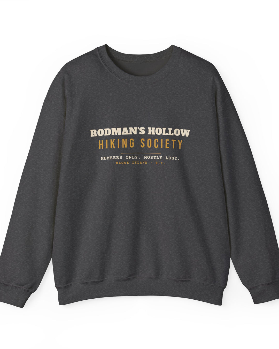Rodman's Hollow Hiking Society Block Island crewneck sweatshirt in Dark Heather - BlockBoundRI