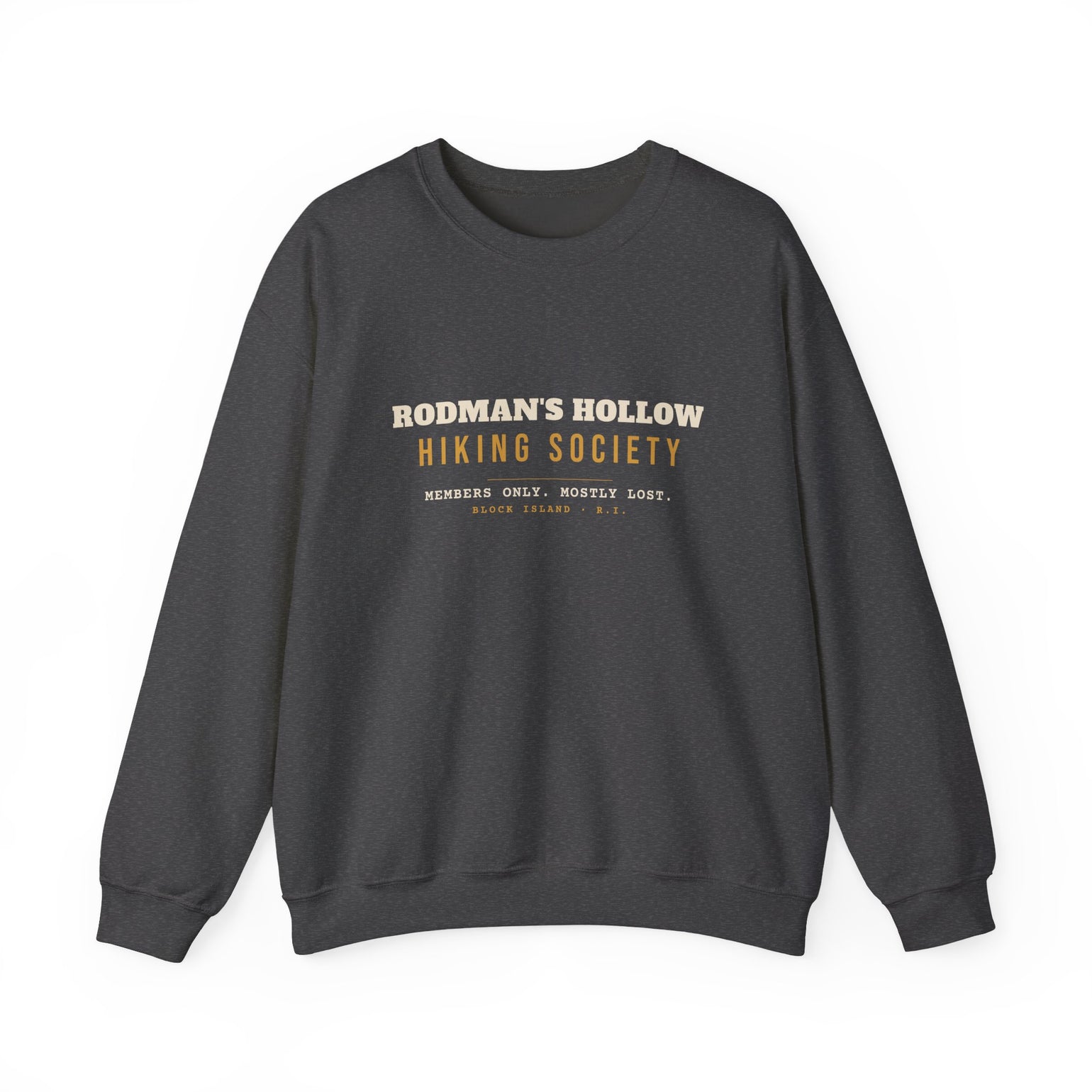 Rodman's Hollow Hiking Society Block Island crewneck sweatshirt in Dark Heather - BlockBoundRI