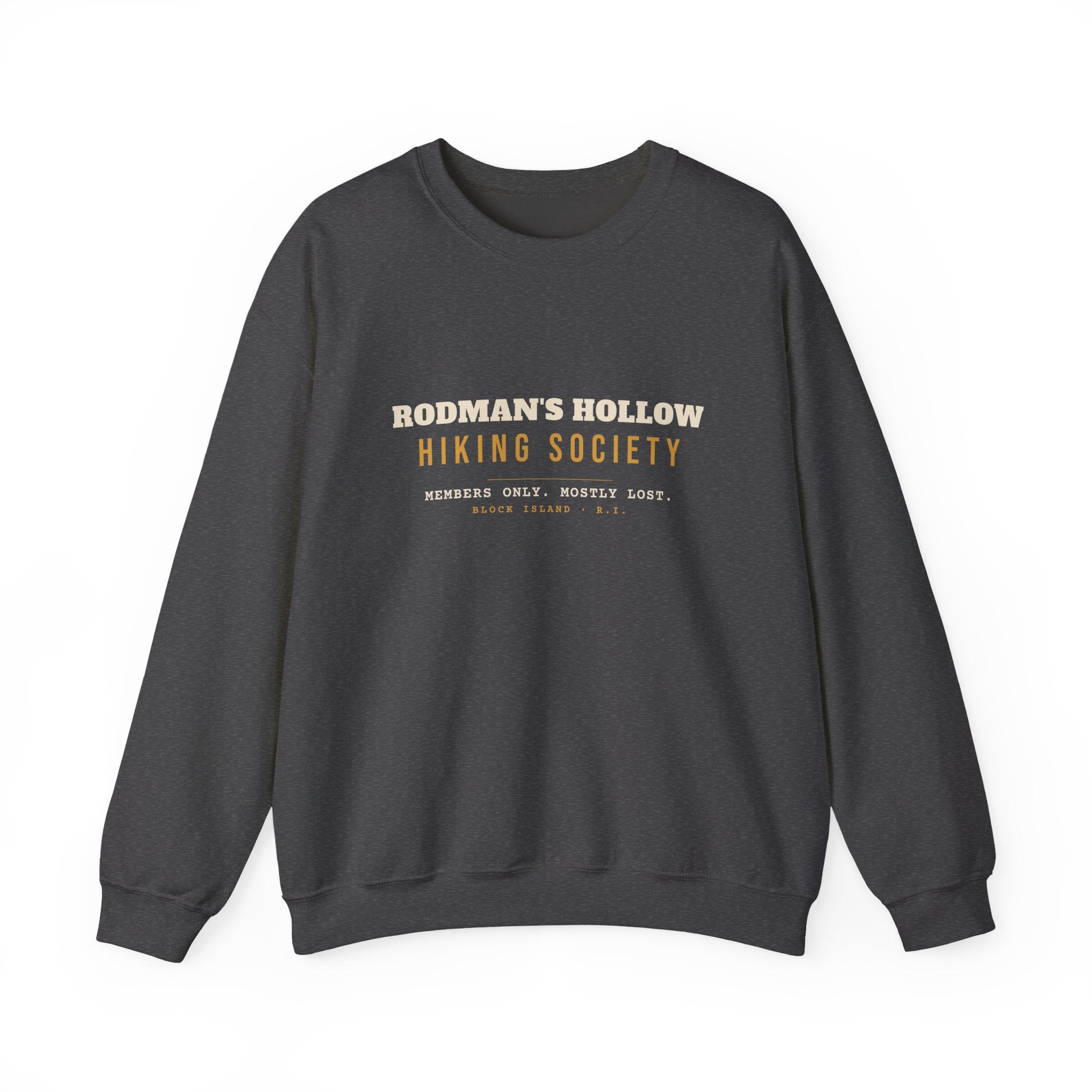 Rodman's Hollow Hiking Society Block Island crewneck sweatshirt in Dark Heather - BlockBoundRI