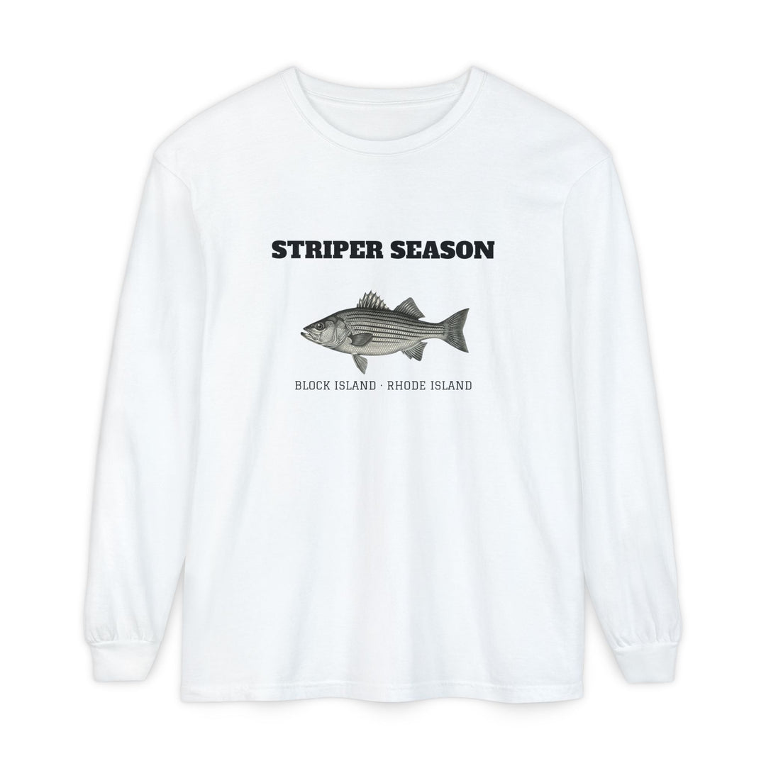 Striper Season Long Sleeve Shirt, Block Island Fishing in White, BlockBoundRI