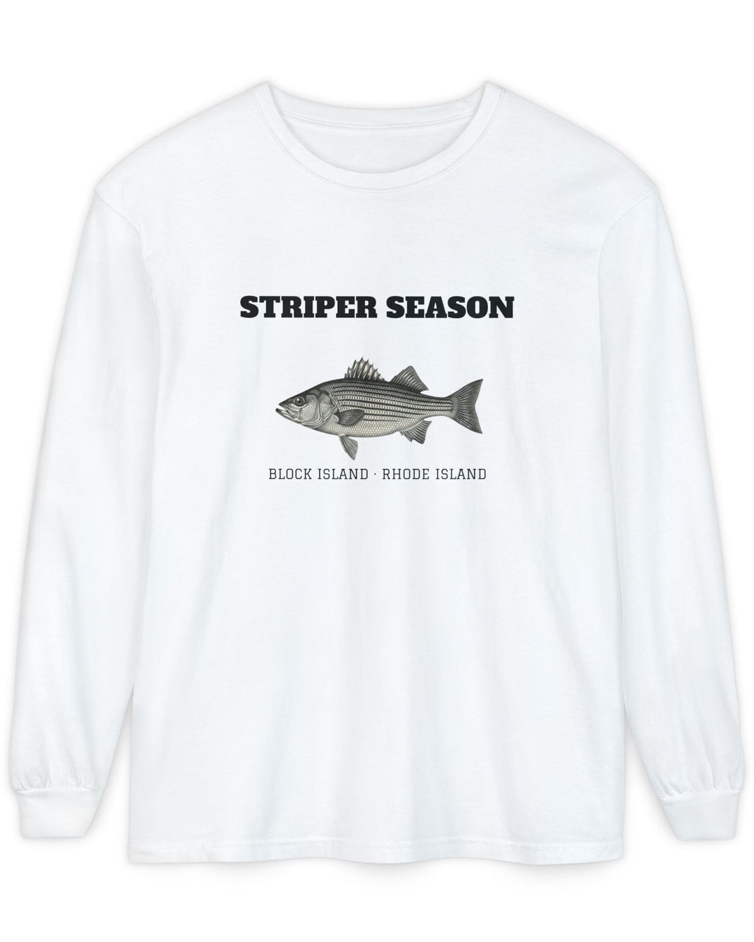Striper Season Long Sleeve Shirt, Block Island Fishing in White, BlockBoundRI
