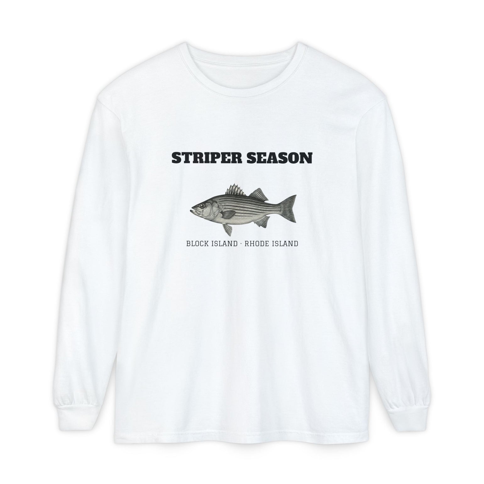 Striper Season Long Sleeve Shirt, Block Island Fishing in White, BlockBoundRI