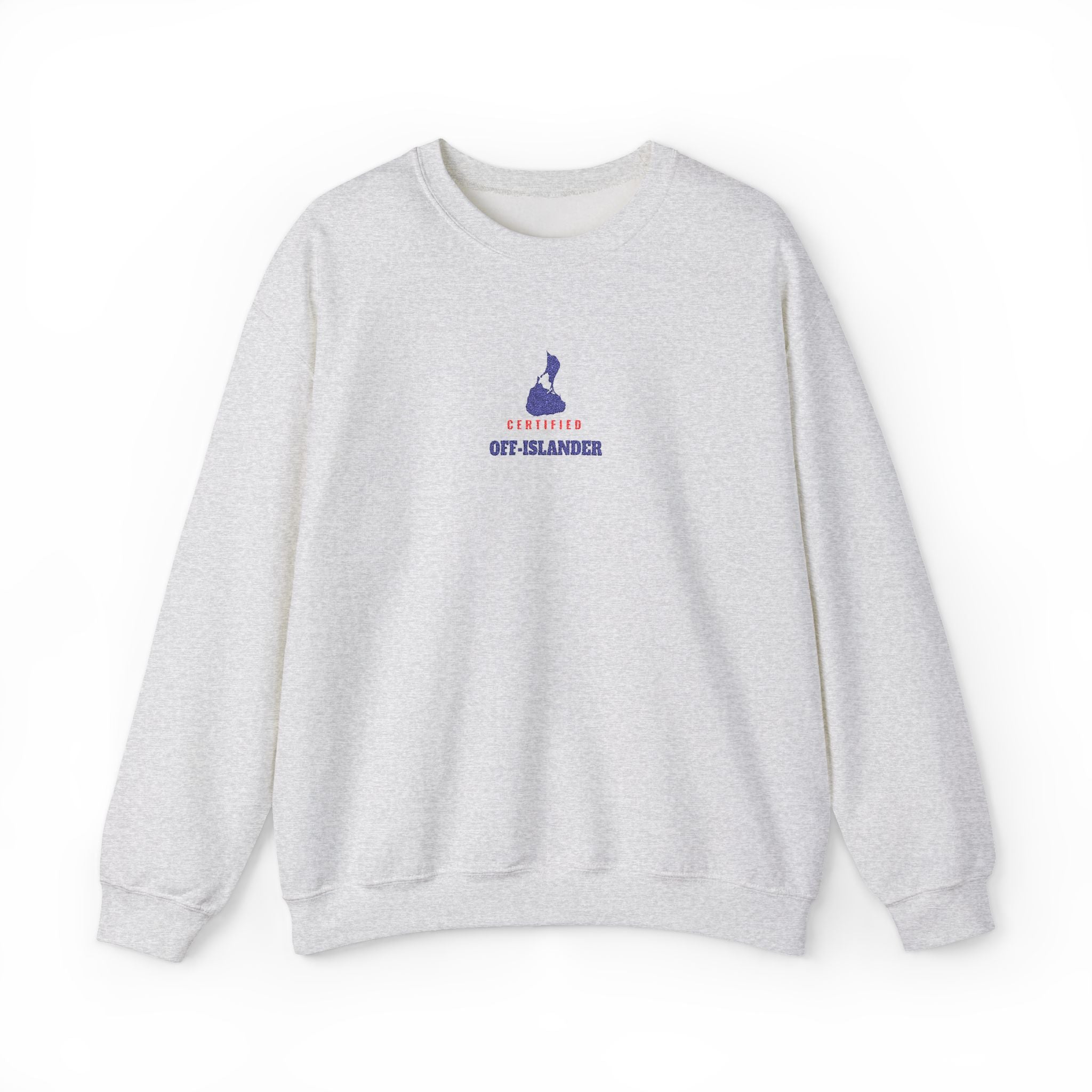 Certified Off-Islander embroidered Block Island crewneck sweatshirt in Ash - BlockBoundRI