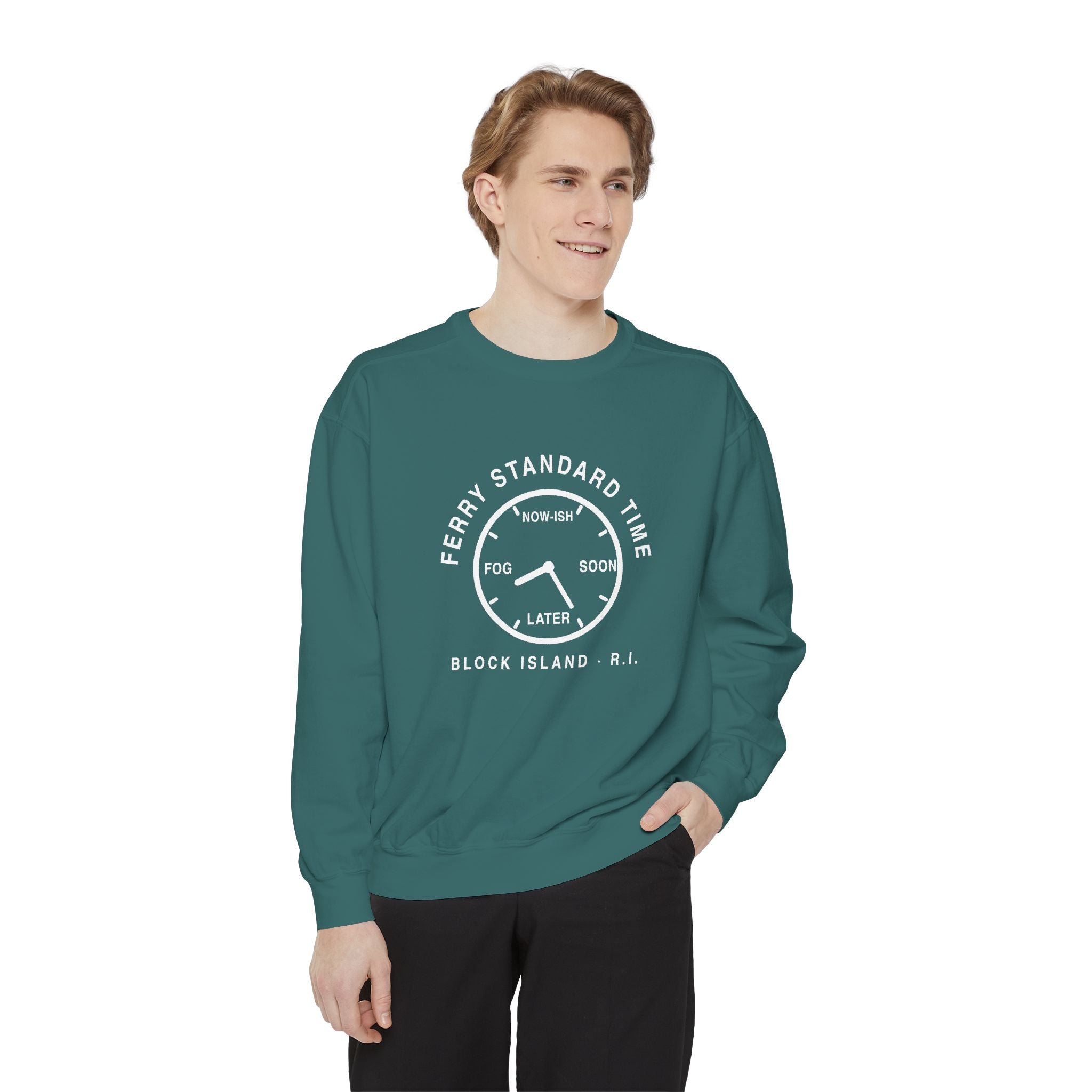 Ferry Standard Time crewneck: white clock face reading Now-ish, Soon, Later and Fog, Block Island R.I. — view 13