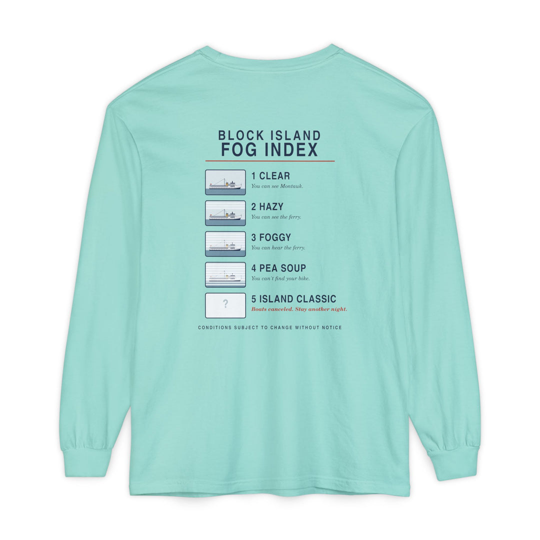 Block Island Fog Index long sleeve: five fog levels from Clear to Island Classic with ferry illustrations — view 17