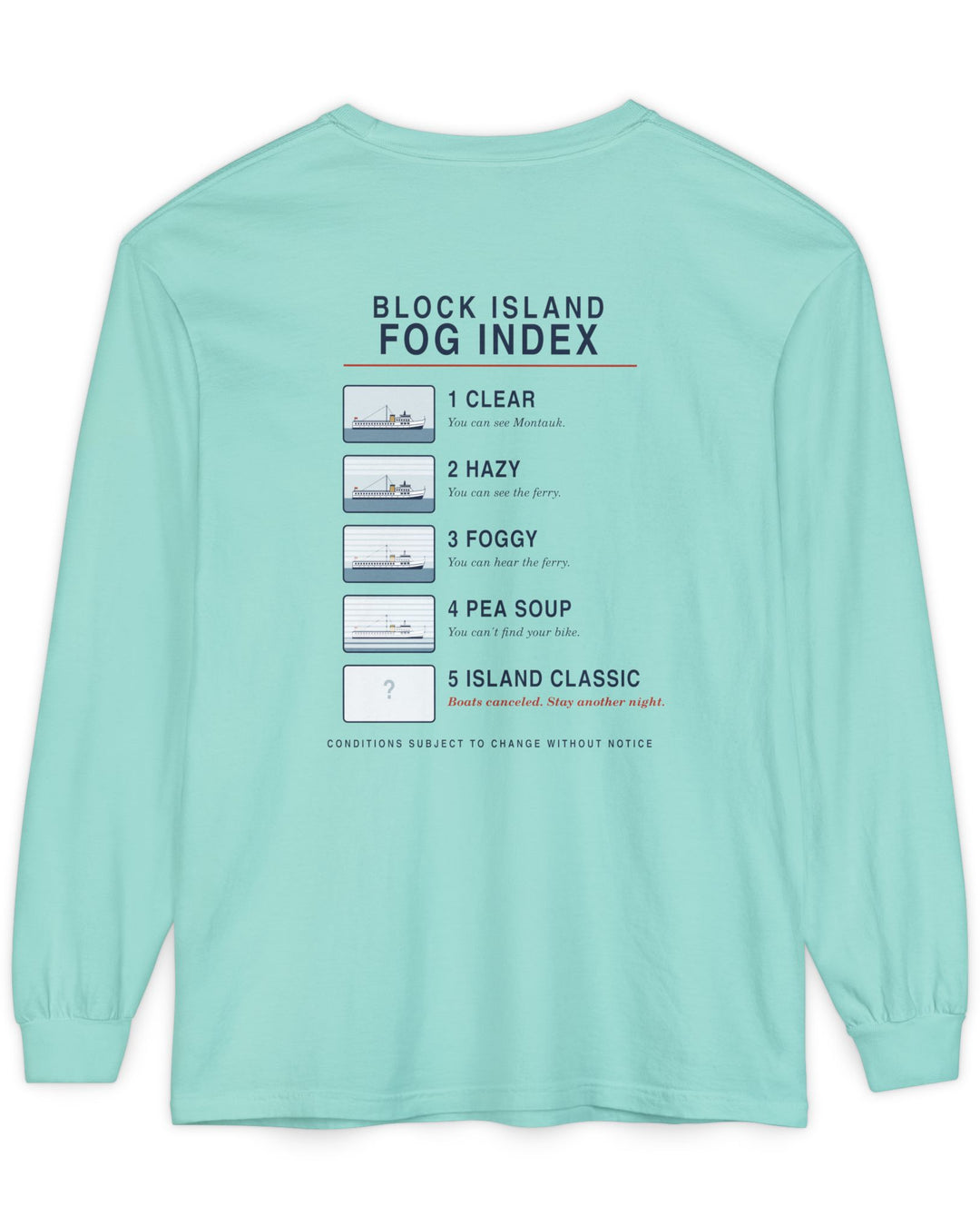Block Island Fog Index long sleeve: five fog levels from Clear to Island Classic with ferry illustrations — view 17