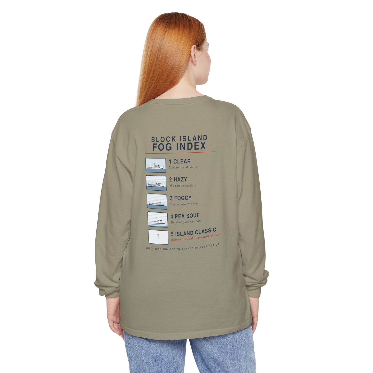 Block Island Fog Index long sleeve: five fog levels from Clear to Island Classic with ferry illustrations — view 15