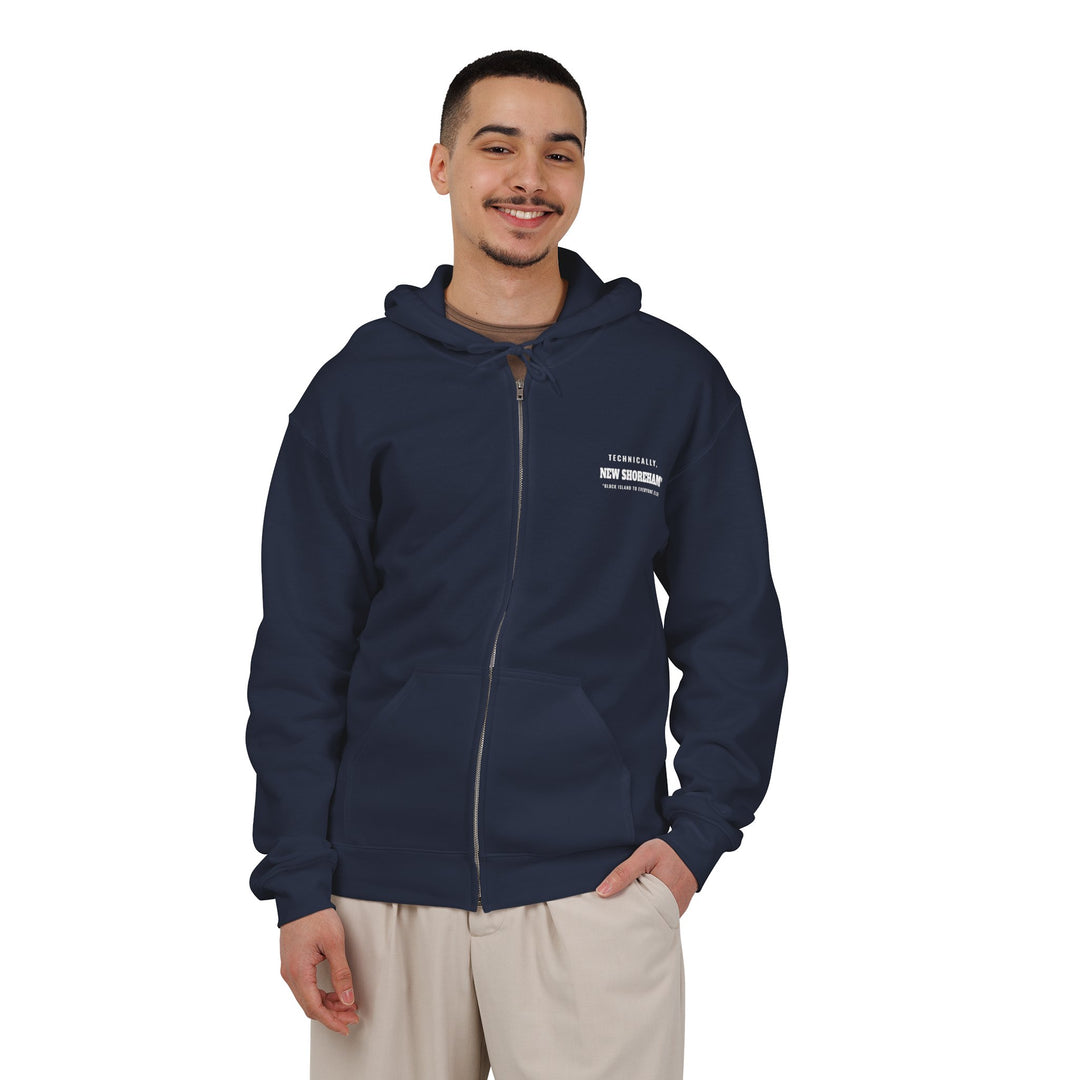 Technically New Shoreham Block Island full-zip hoodie in Navy, on model, front - BlockBoundRI