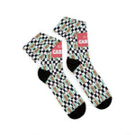 Overlapping folded I'll Have a Cabinet coffee cabinet socks seen from above, black heels, toes and a coral slogan band