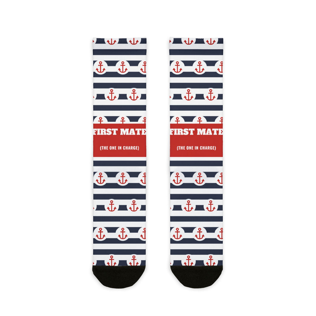 First Mate anchor stripe nautical crew socks with navy and white stripes, red anchors and red slogan band