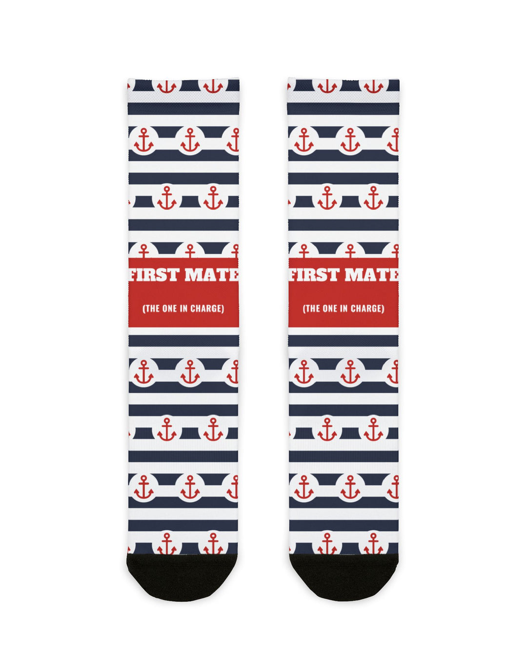 First Mate anchor stripe nautical crew socks with navy and white stripes, red anchors and red slogan band