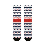 First Mate anchor stripe nautical crew socks with navy and white stripes, red anchors and red slogan band