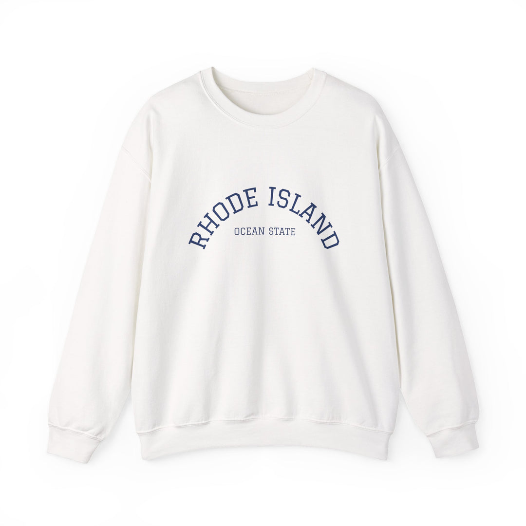 Rhode Island Varsity Crewneck Sweatshirt in White, BlockBoundRI