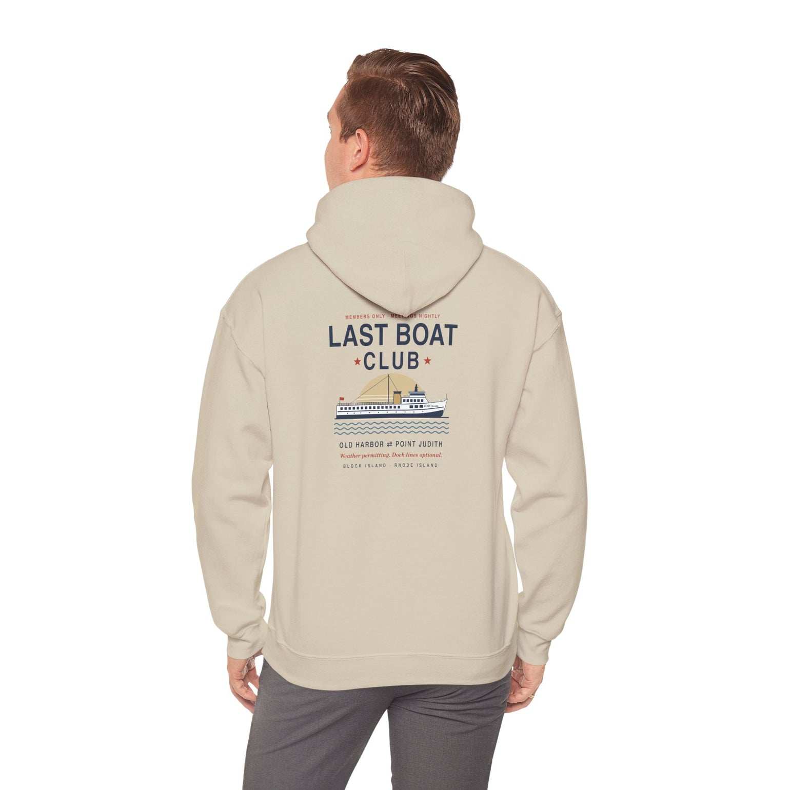 Last Boat Club hoodie: M/V BLOCK ISLAND ferry against a striped sunset, Block Island R.I. — view 28