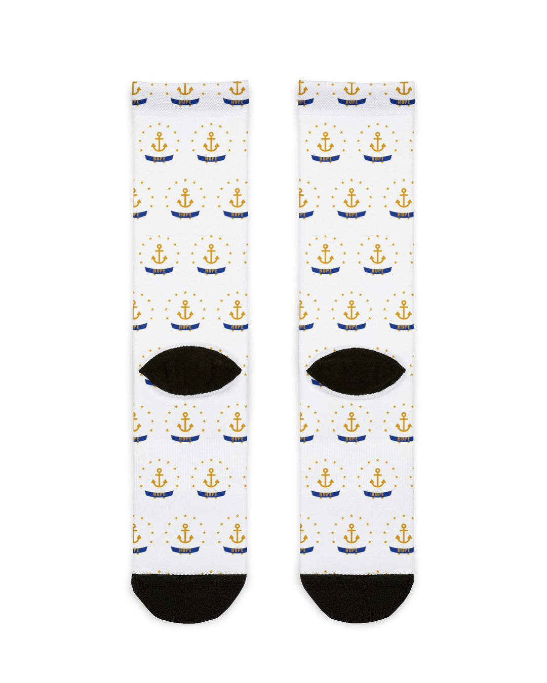 Back of the white Smallest State Biggest Mouth Rhode Island socks laid flat, gold anchor print and black heels