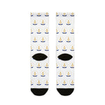 Back of the white Smallest State Biggest Mouth Rhode Island socks laid flat, gold anchor print and black heels