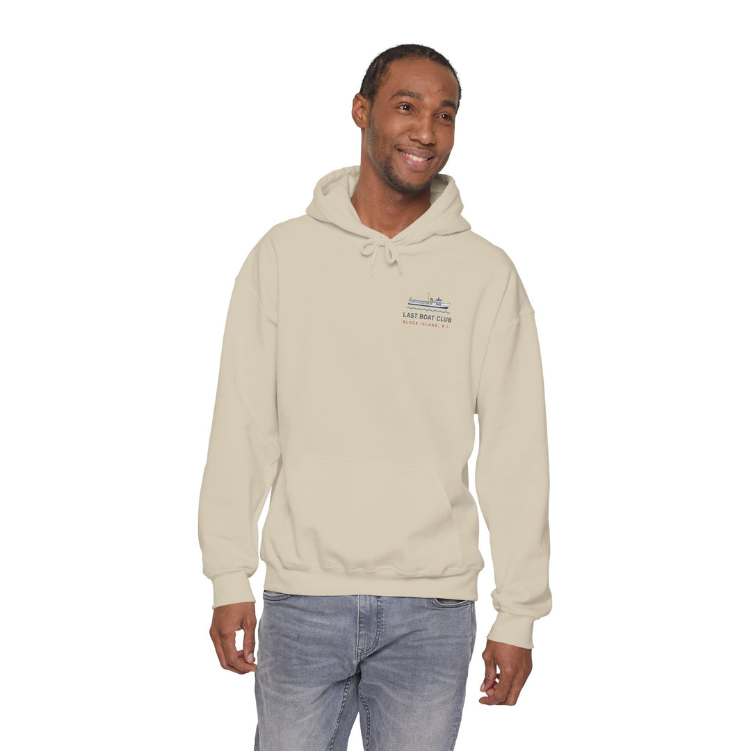Last Boat Club hoodie: M/V BLOCK ISLAND ferry against a striped sunset, Block Island R.I. — view 29