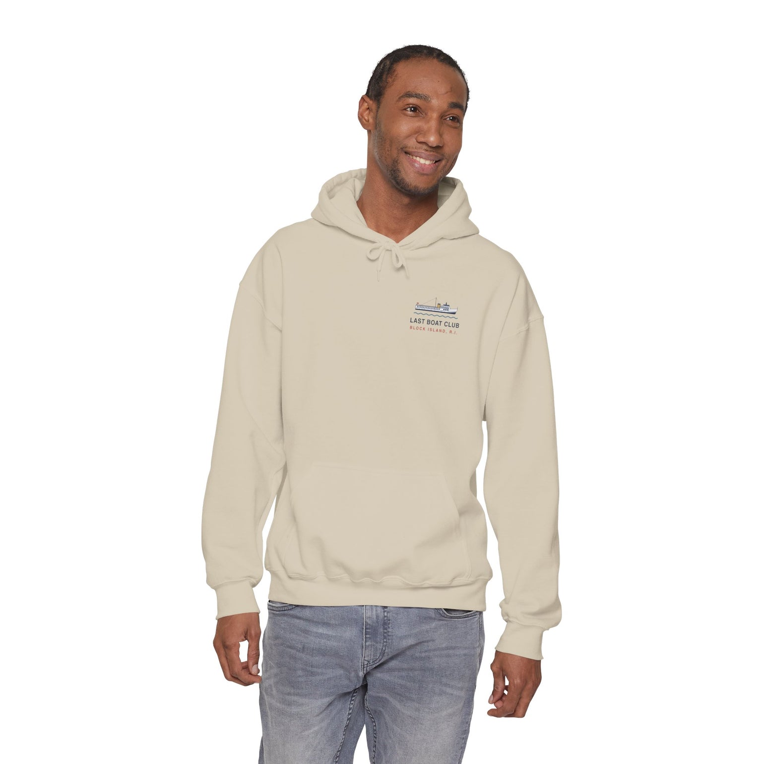 Last Boat Club hoodie: M/V BLOCK ISLAND ferry against a striped sunset, Block Island R.I. — view 29