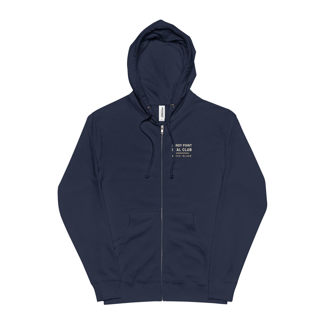 Sandy Point Seal Club zip hoodie back: grey seal on a rock with North Light, Block Island, in a round badge — view 7