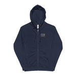 Sandy Point Seal Club zip hoodie back: grey seal on a rock with North Light, Block Island, in a round badge — view 7