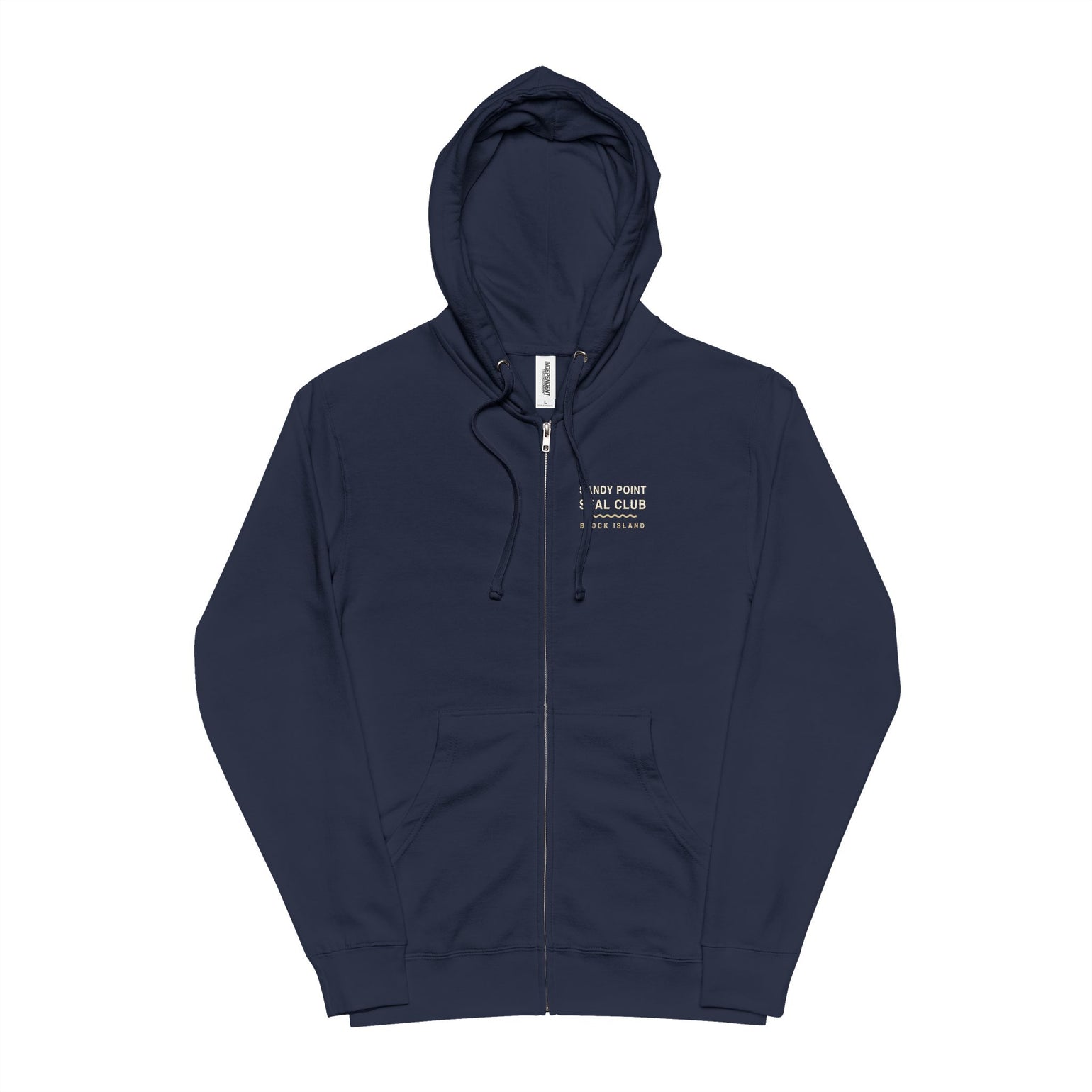 Sandy Point Seal Club zip hoodie back: grey seal on a rock with North Light, Block Island, in a round badge — view 7