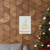 BlockBoundRI Block Island map poster in nautical chart style hung on a wood panel wall beside a Christmas tree