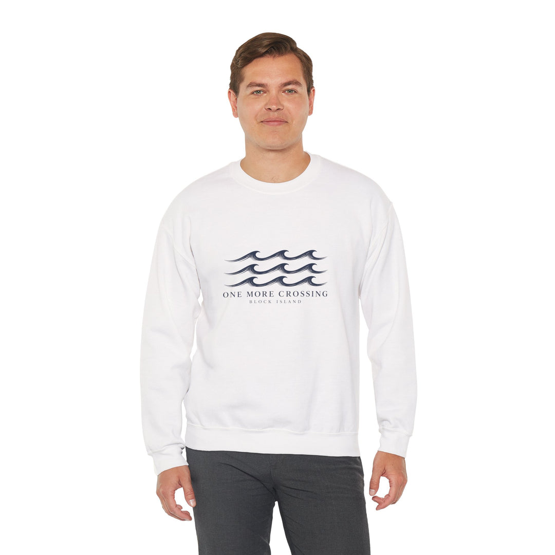 Male model in dark pants showing the navy wave print on the white Rhode Island sweatshirt, front