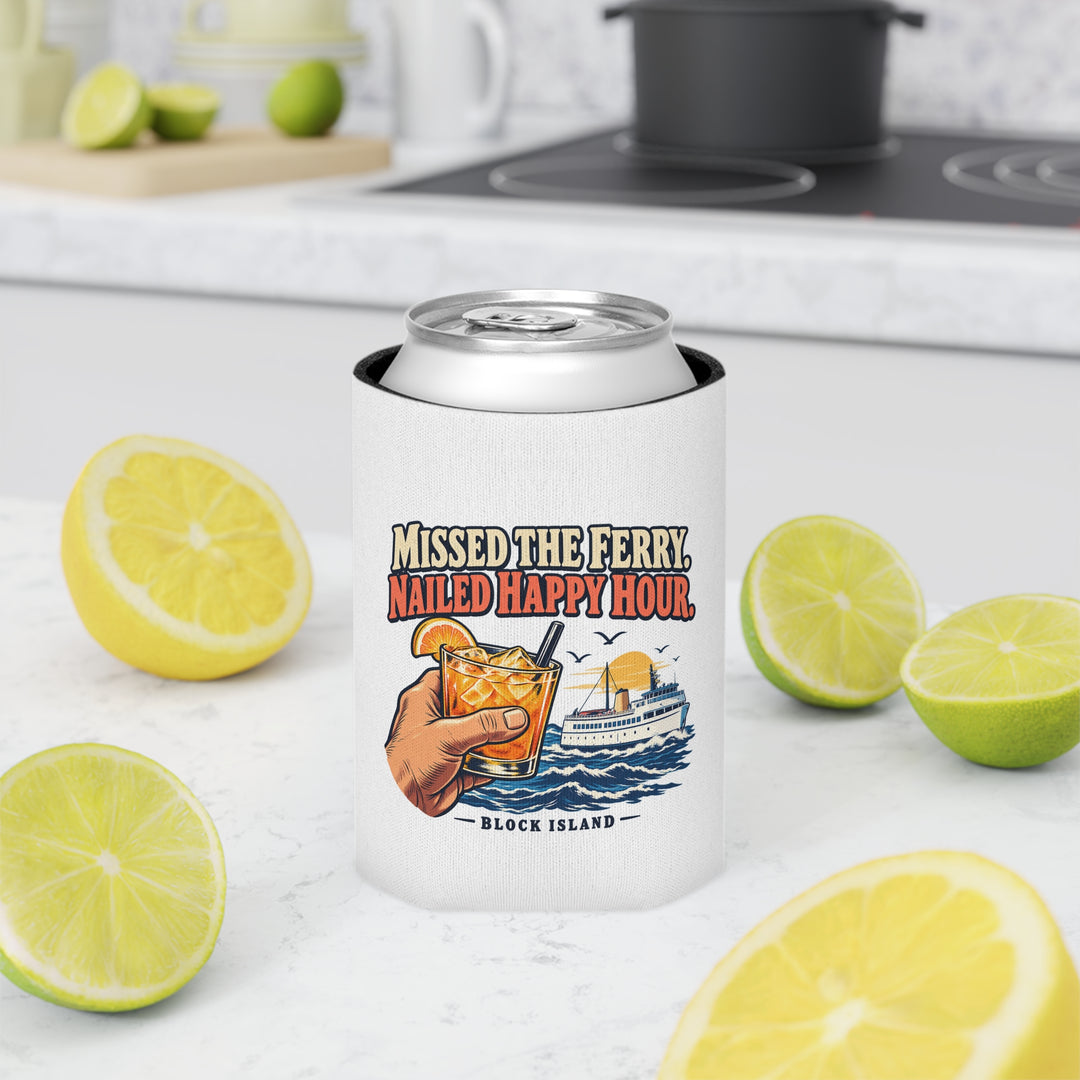 White happy hour can cooler on a kitchen counter beside sliced lemons, Block Island ferry print