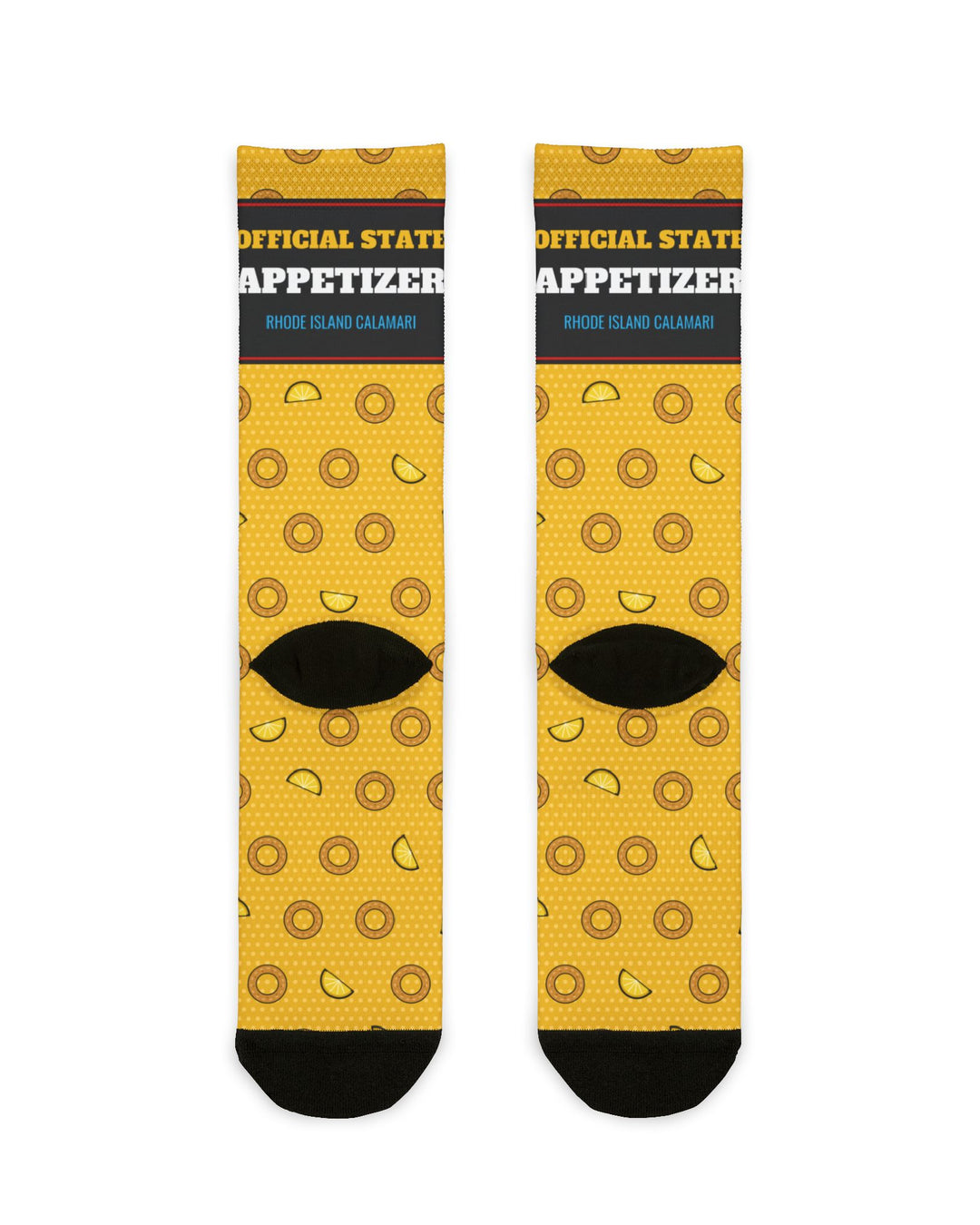 Back of yellow Squid Pro Quo crew socks showing the Official State Appetizer band and black heels, flat lay