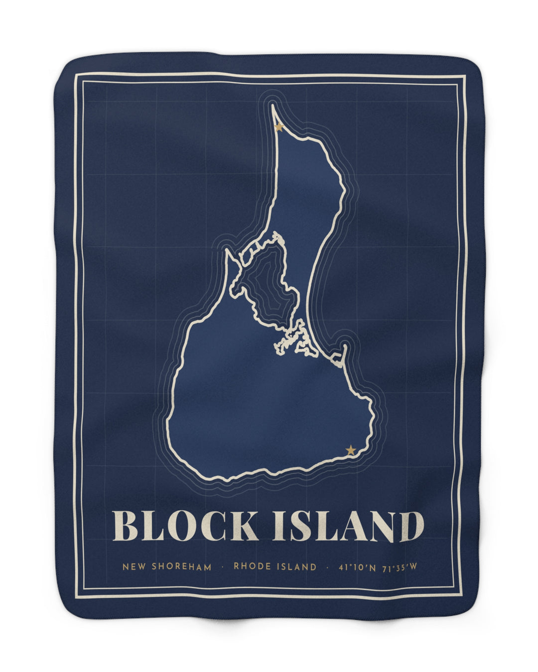 BlockBoundRI navy Block Island blanket with cream island map outline, BLOCK ISLAND title and 41°10'N 71°35'W