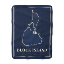 BlockBoundRI navy Block Island blanket with cream island map outline, BLOCK ISLAND title and 41°10'N 71°35'W