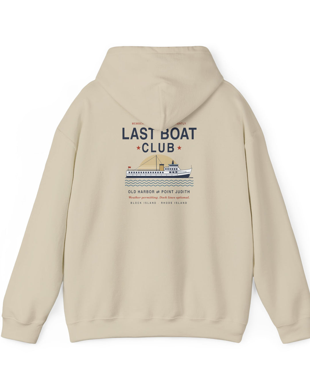 Last Boat Club hoodie: M/V BLOCK ISLAND ferry against a striped sunset, Block Island R.I. — view 18