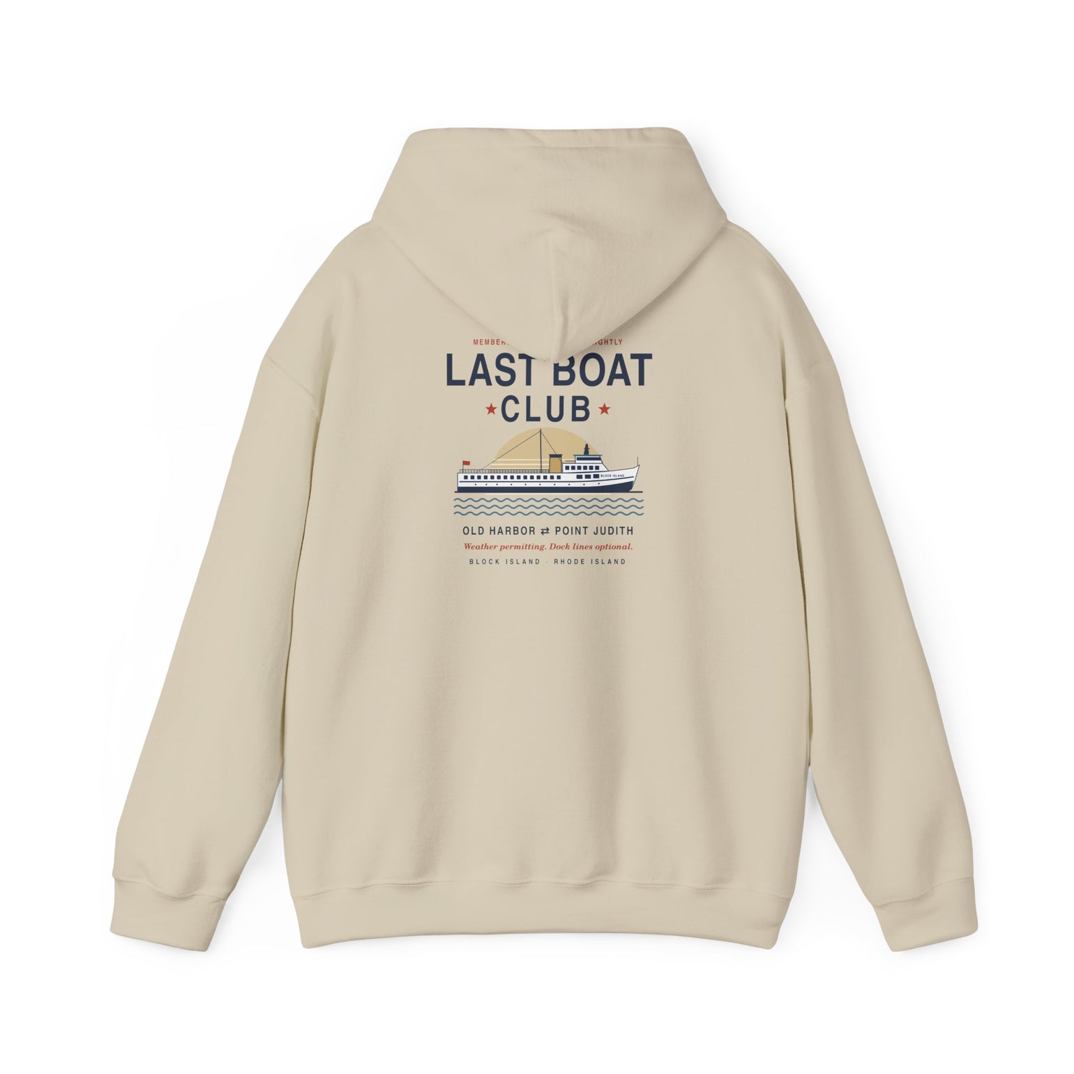 Last Boat Club hoodie: M/V BLOCK ISLAND ferry against a striped sunset, Block Island R.I. — view 18