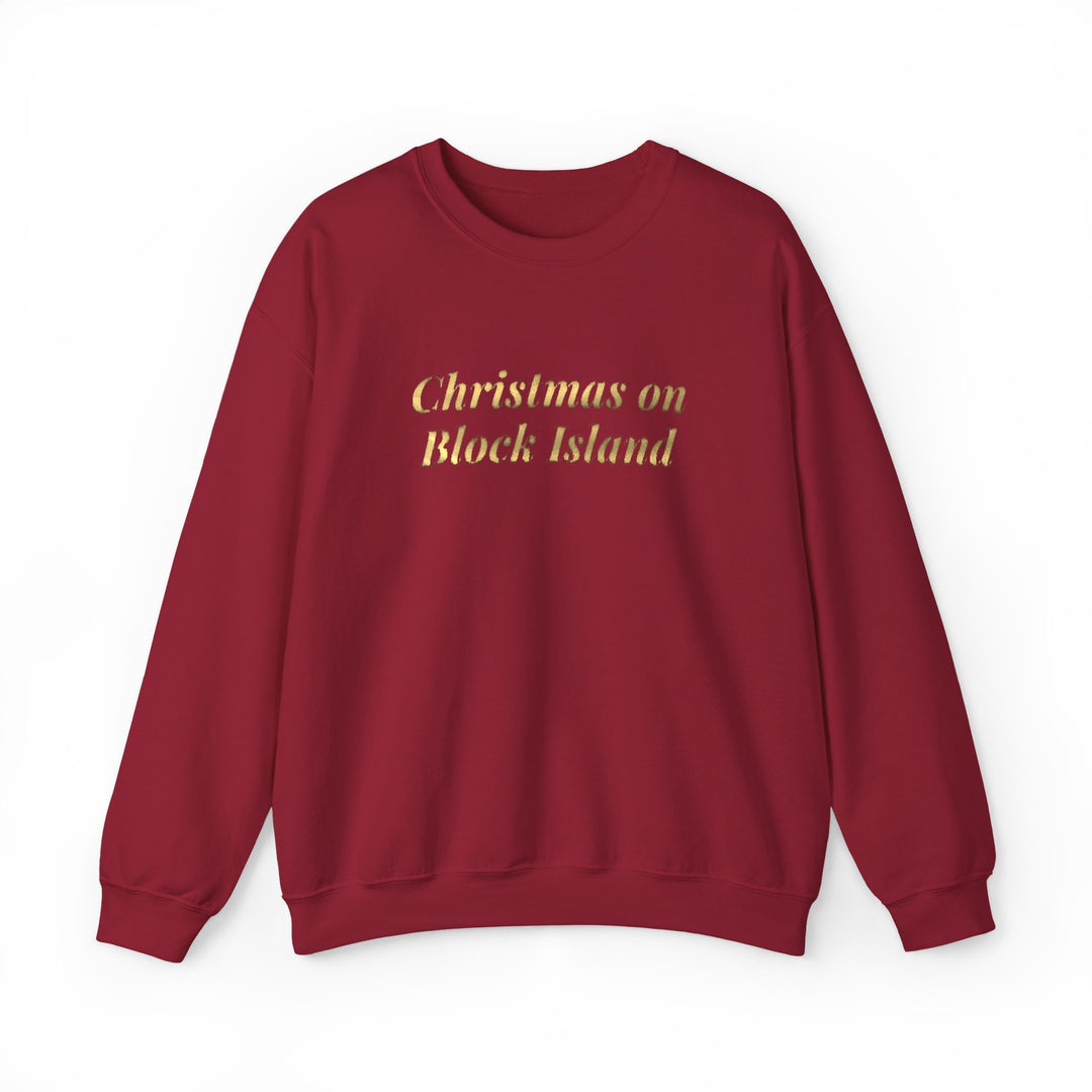 Crewneck sweatshirt with Christmas on Block Island in gold metallic italic lettering