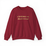 Crewneck sweatshirt with Christmas on Block Island in gold metallic italic lettering