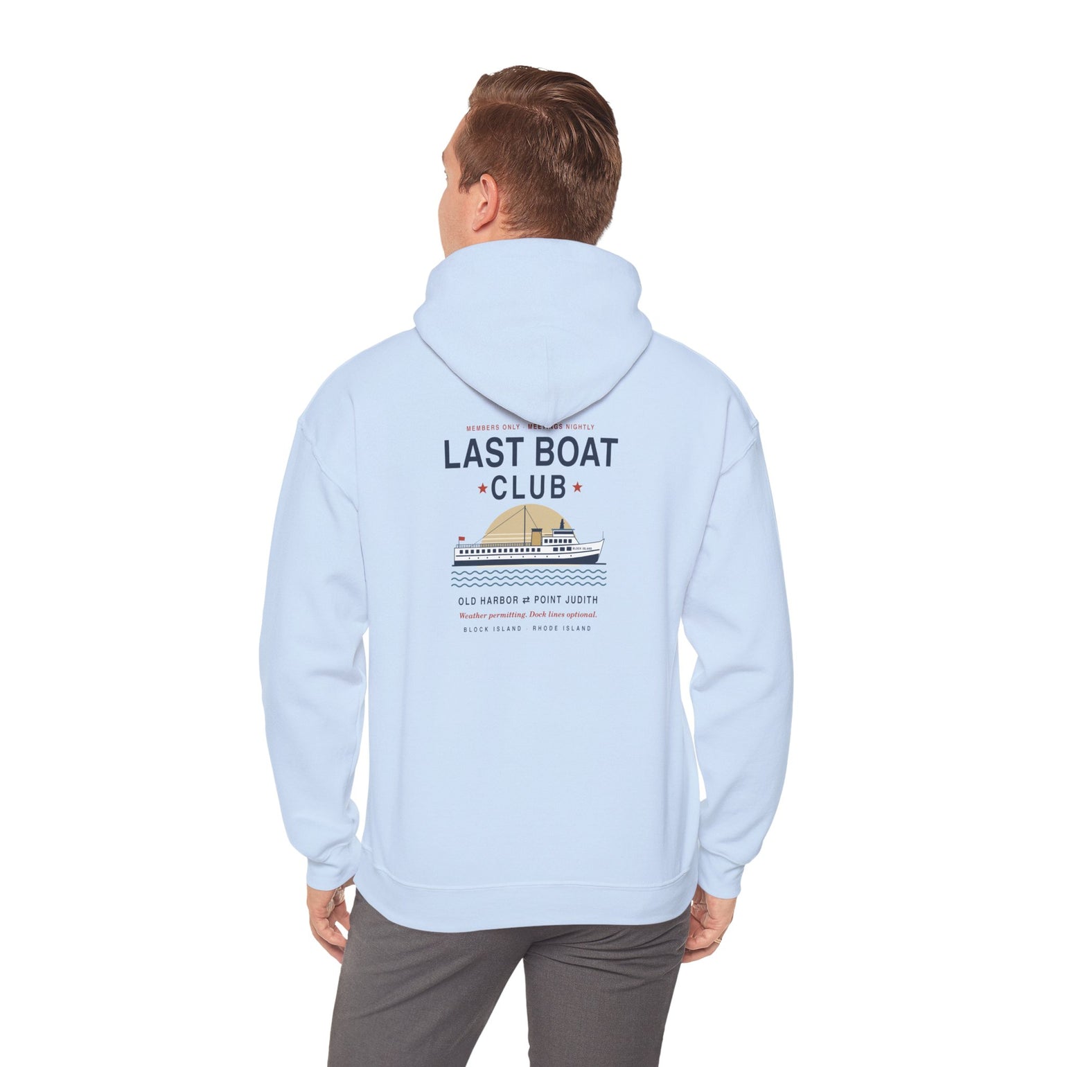 Last Boat Club hoodie: M/V BLOCK ISLAND ferry against a striped sunset, Block Island R.I. — view 54