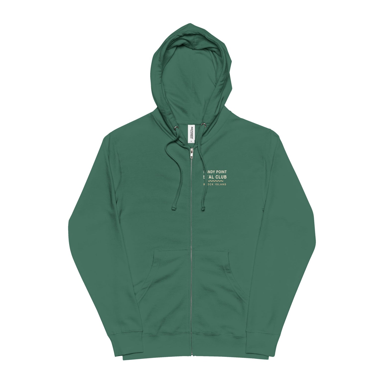 Sandy Point Seal Club zip hoodie back: grey seal on a rock with North Light, Block Island, in a round badge — view 5