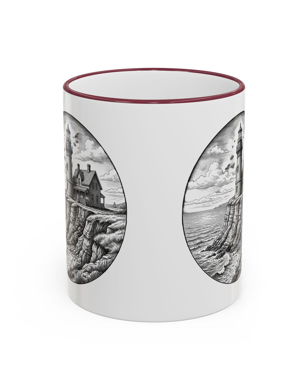 Maroon-accent Block Island gift mug, back view with the Southeast Light lighthouse sketch on each side