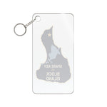 Clear acrylic keychain printed with a navy Block Island outline, pale blue Great Salt Pond and Spare Key to Block Island text — view 2