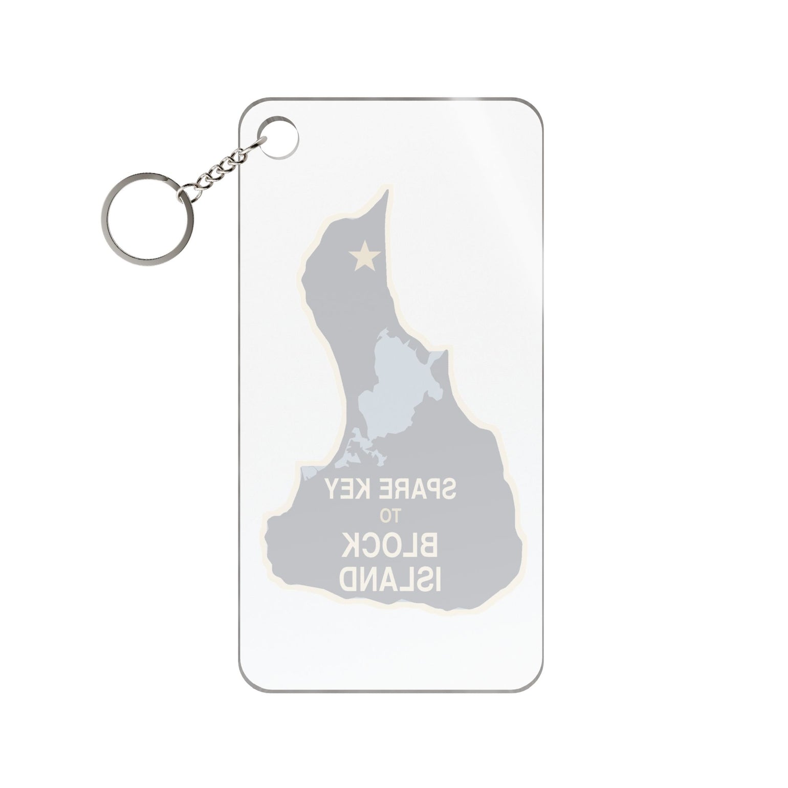 Clear acrylic keychain printed with a navy Block Island outline, pale blue Great Salt Pond and Spare Key to Block Island text — view 2